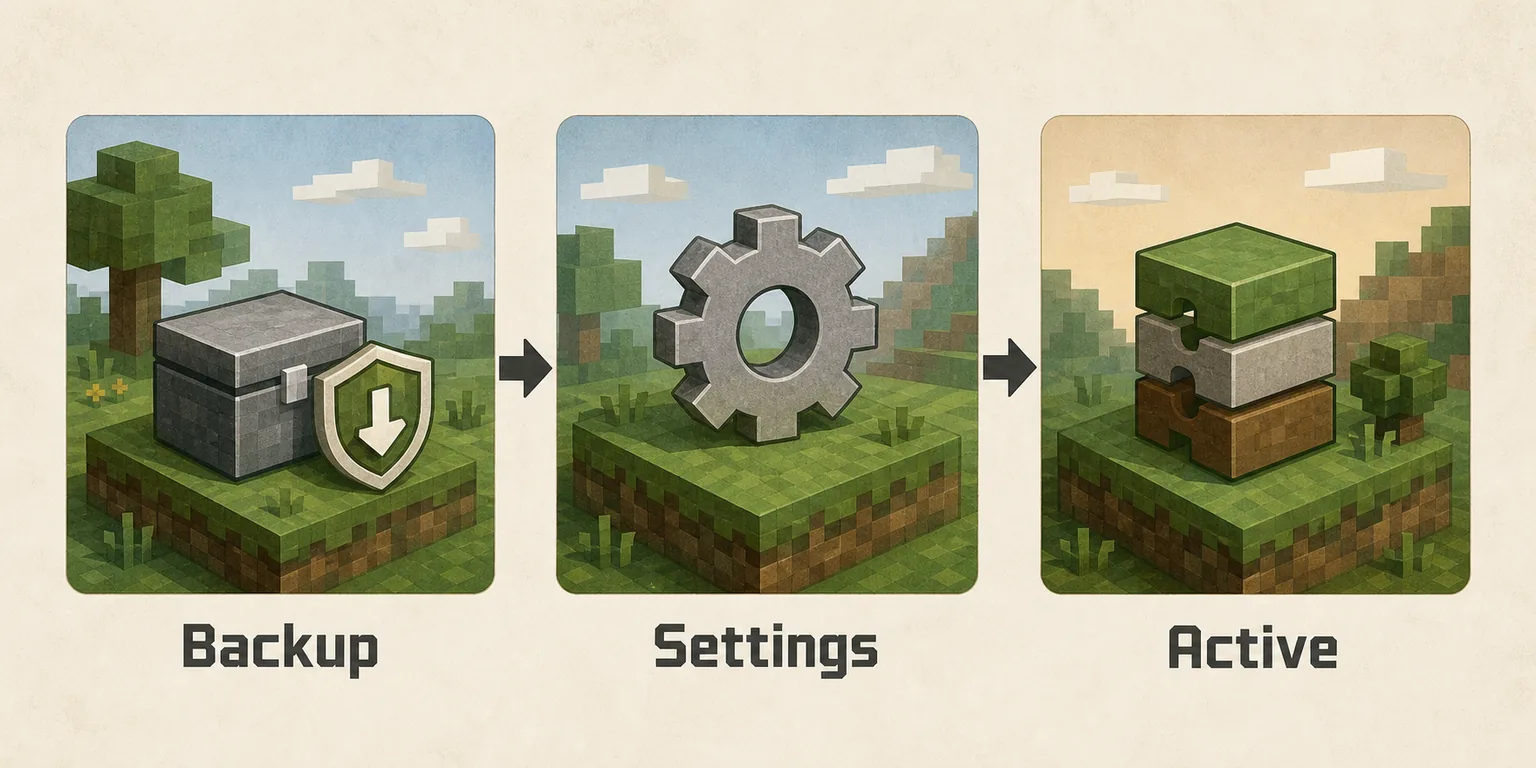 Editorial timeline showing Backup, Settings, and Active steps for Bedrock add-ons