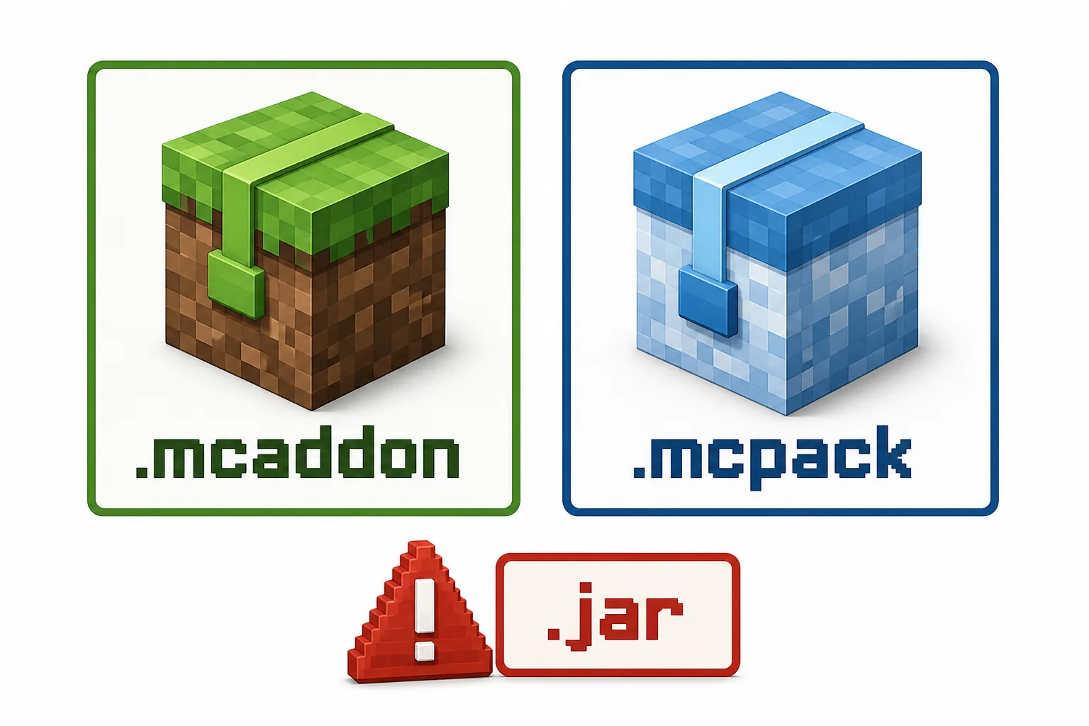 Comparison of .mcaddon, .mcpack, and .jar package types for Minecraft Bedrock add-ons