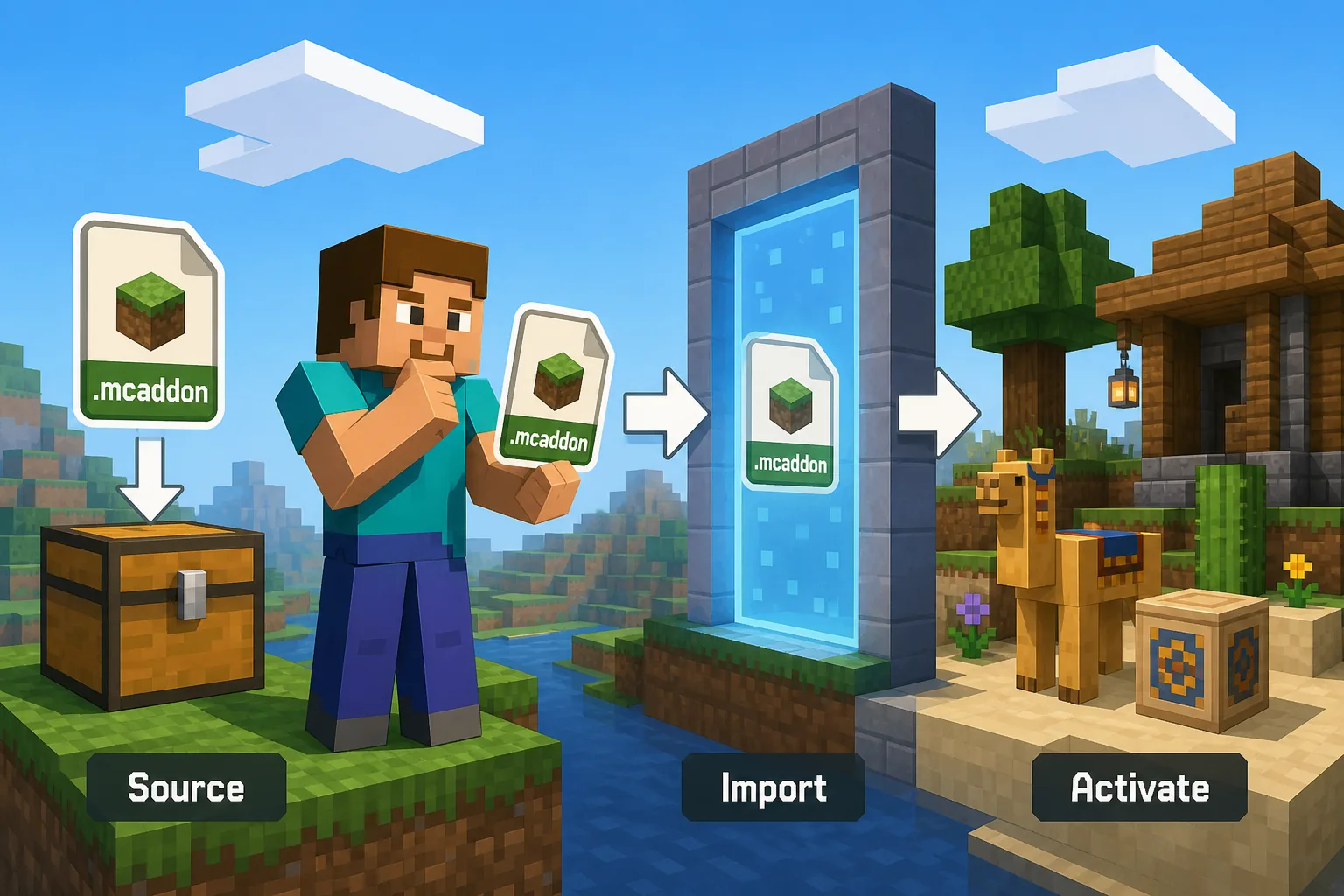 Editorial illustration of Source, Import, and Activate steps for a Bedrock add-on package