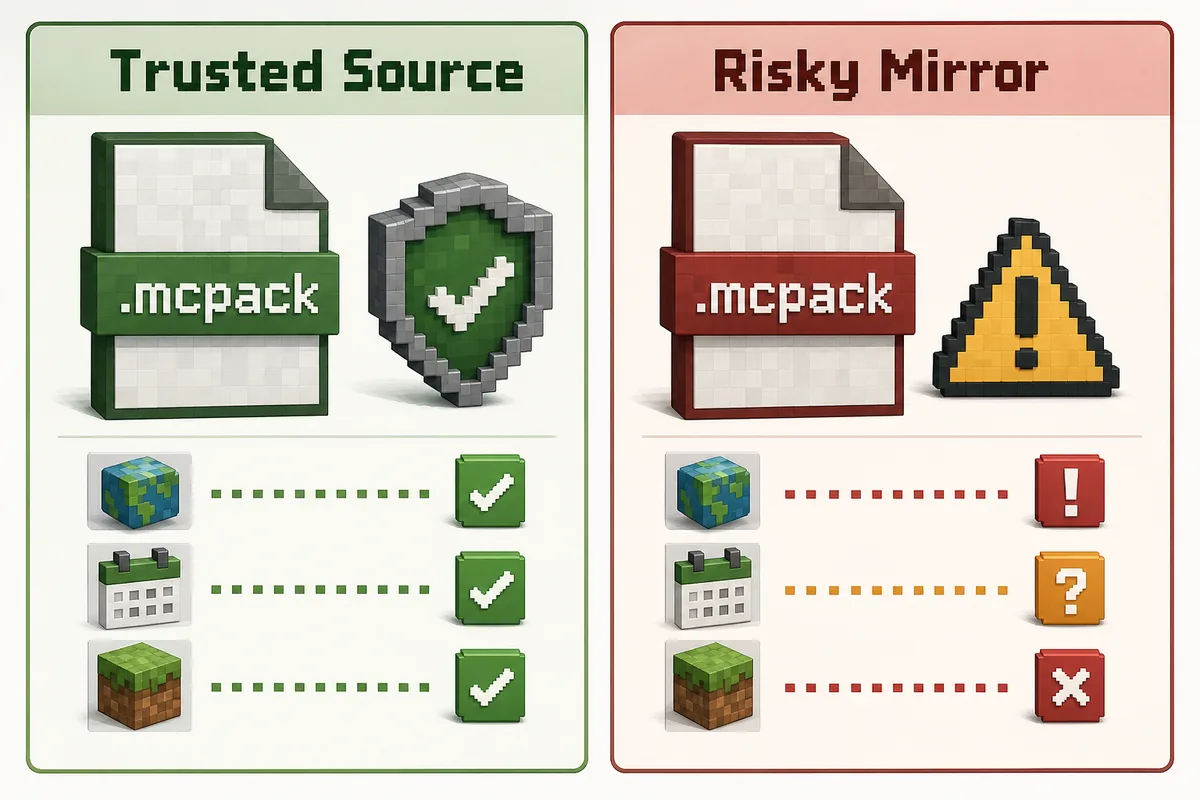 Comparison of trusted source and risky mirror checks for Bedrock pack files