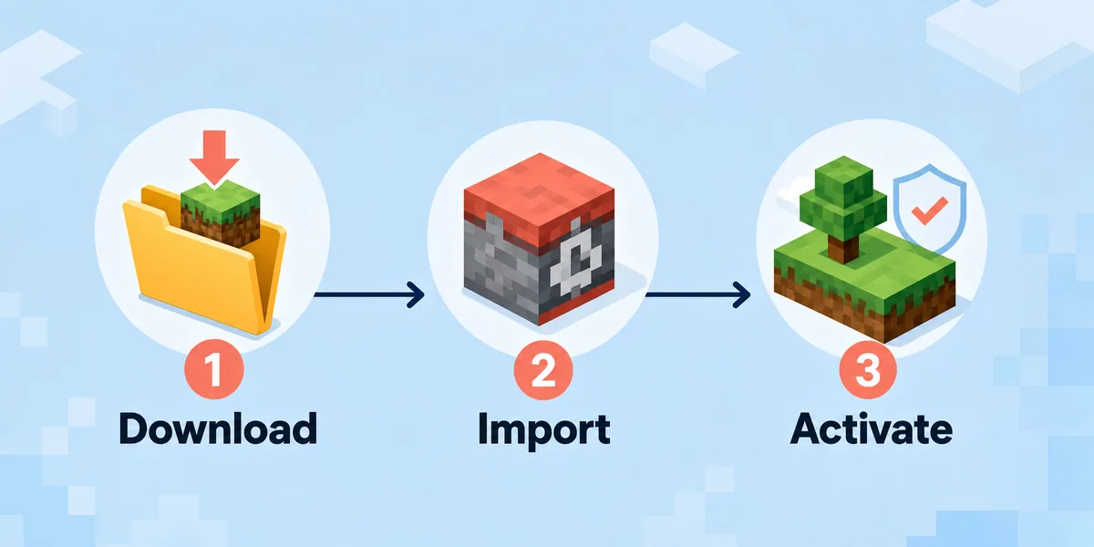 Editorial flow showing downloaded Bedrock resource pack import and activation steps