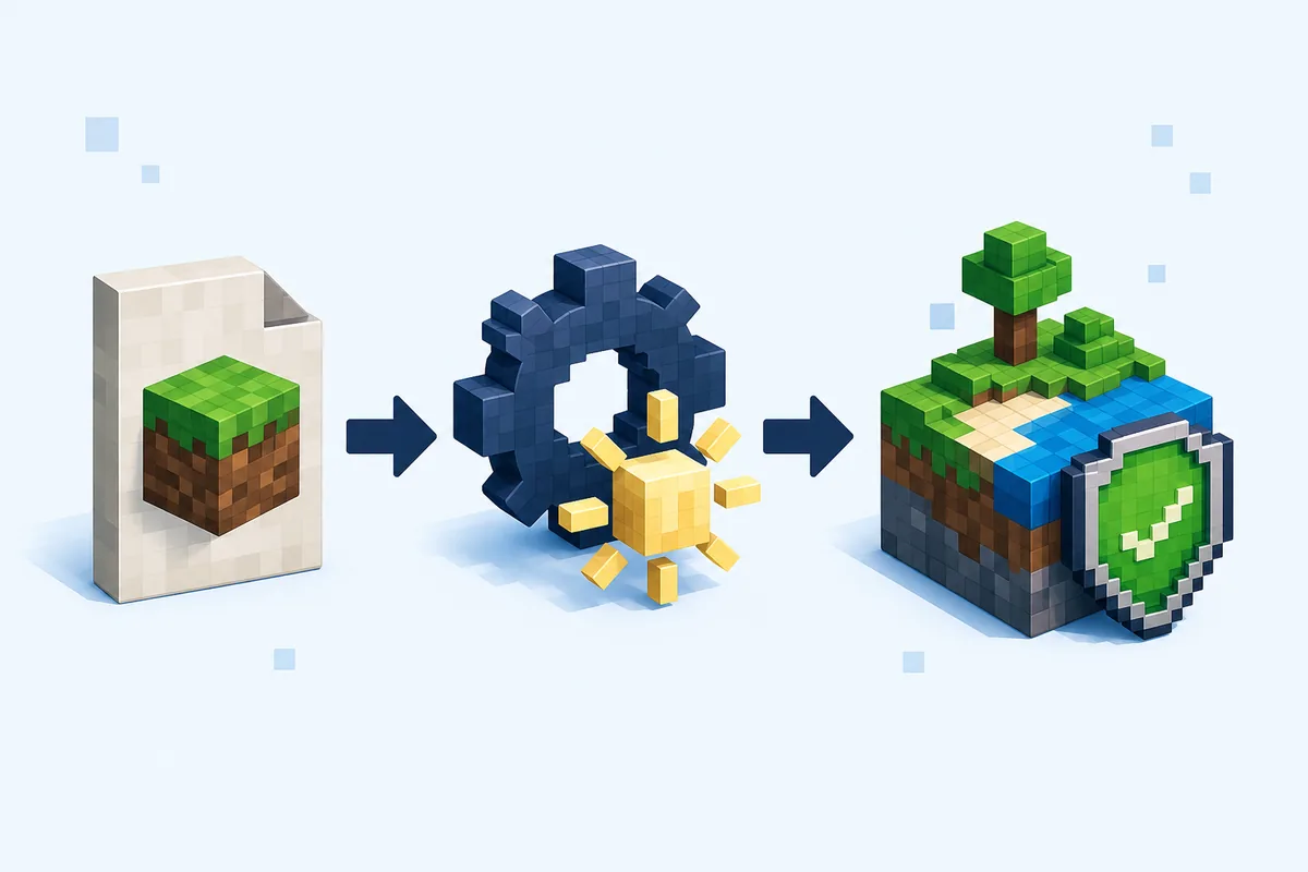 Editorial flow from Bedrock pack file through graphics settings to a protected test world
