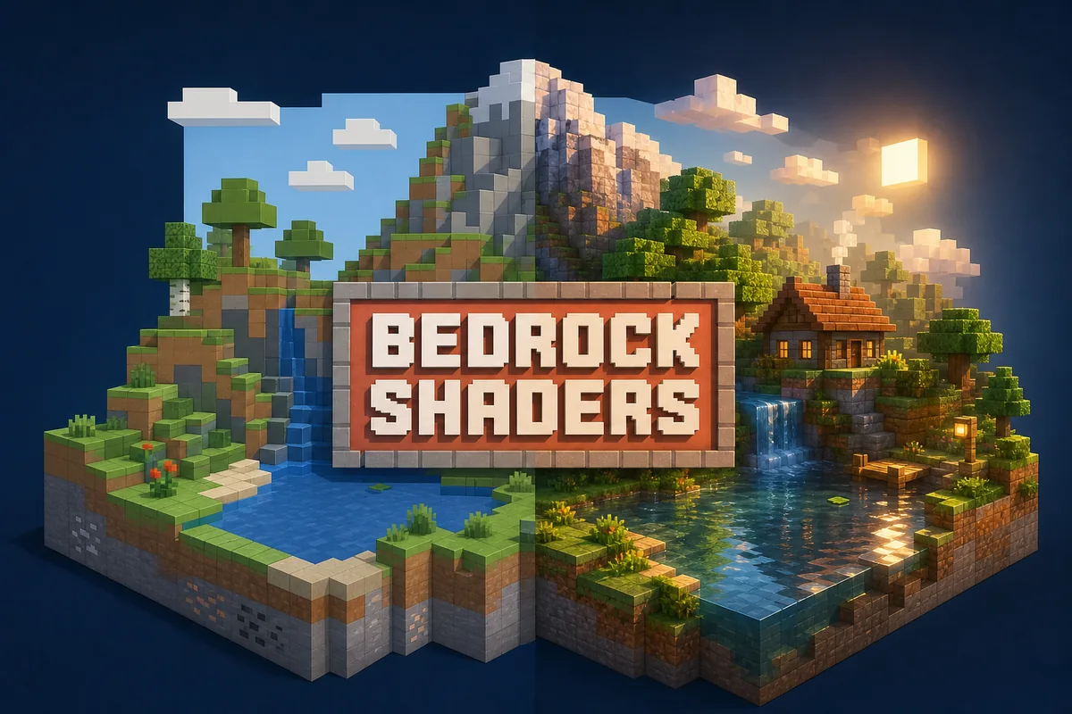 Editorial voxel landscape comparing standard and enhanced Bedrock lighting
