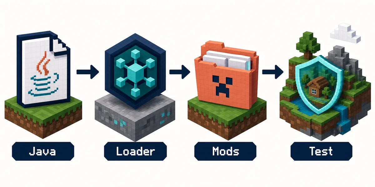 Editorial illustration of a Minecraft Java mod moving from a source page through a loader profile into a test world