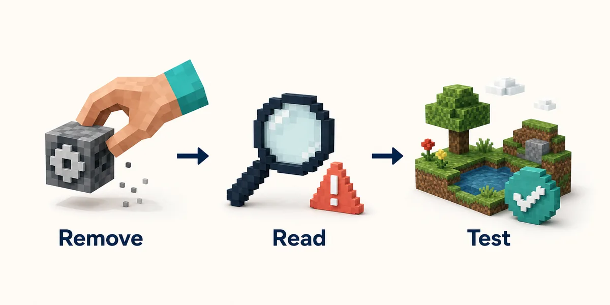 Editorial troubleshooting flow for a Minecraft Java mod that fails to load