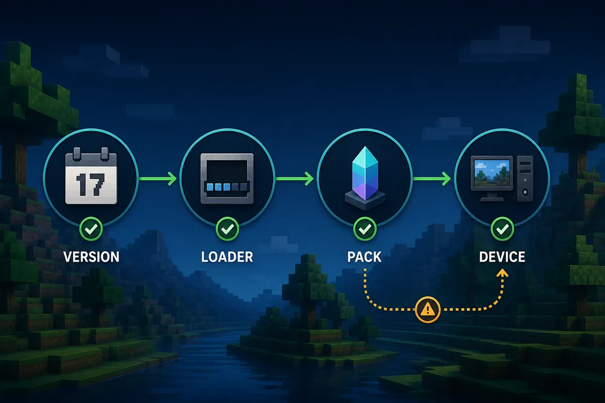 Editorial compatibility flow linking Minecraft version, Java loader, shader pack and device