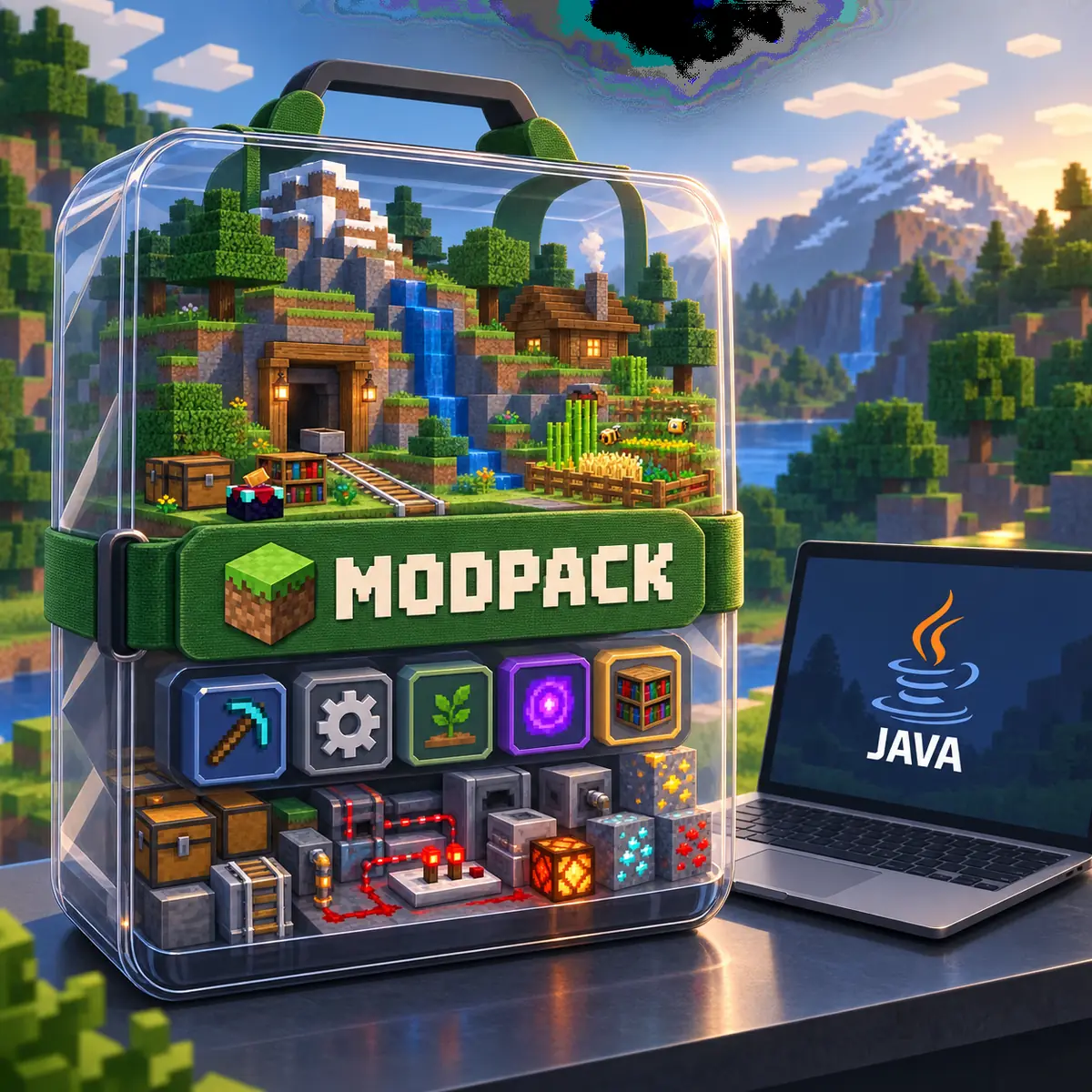 Editorial concept of a Minecraft Java modpack bundling a world, tools, automation, and content files beside a laptop