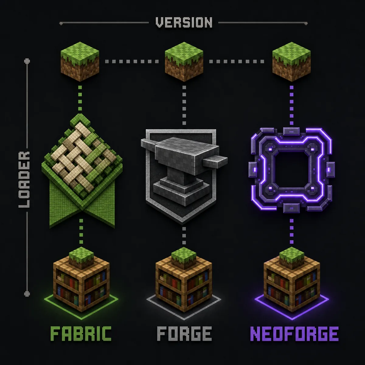 Editorial comparison of Fabric, Forge, and NeoForge loader paths connected to matching Minecraft versions