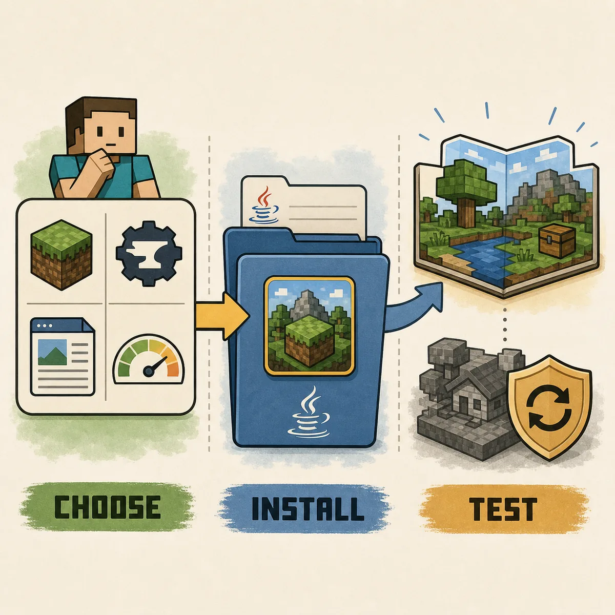 Editorial three-step flow showing how to choose, install, and test a Minecraft modpack safely